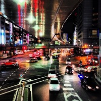 渋谷駅東口歩道橋 歩道橋から六本木通り、首都高速3号渋谷線の高架...